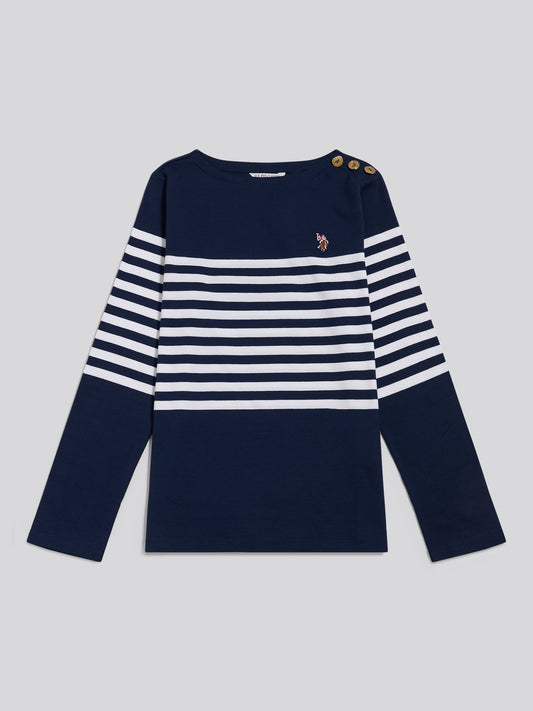 Gold Button Stripe Boat Neck LS Tee Navy Iris