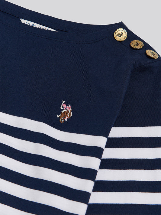 Gold Button Stripe Boat Neck LS Tee Navy Iris