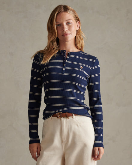 Womens Striped Long Sleeve Henley Top Whitecap Grey