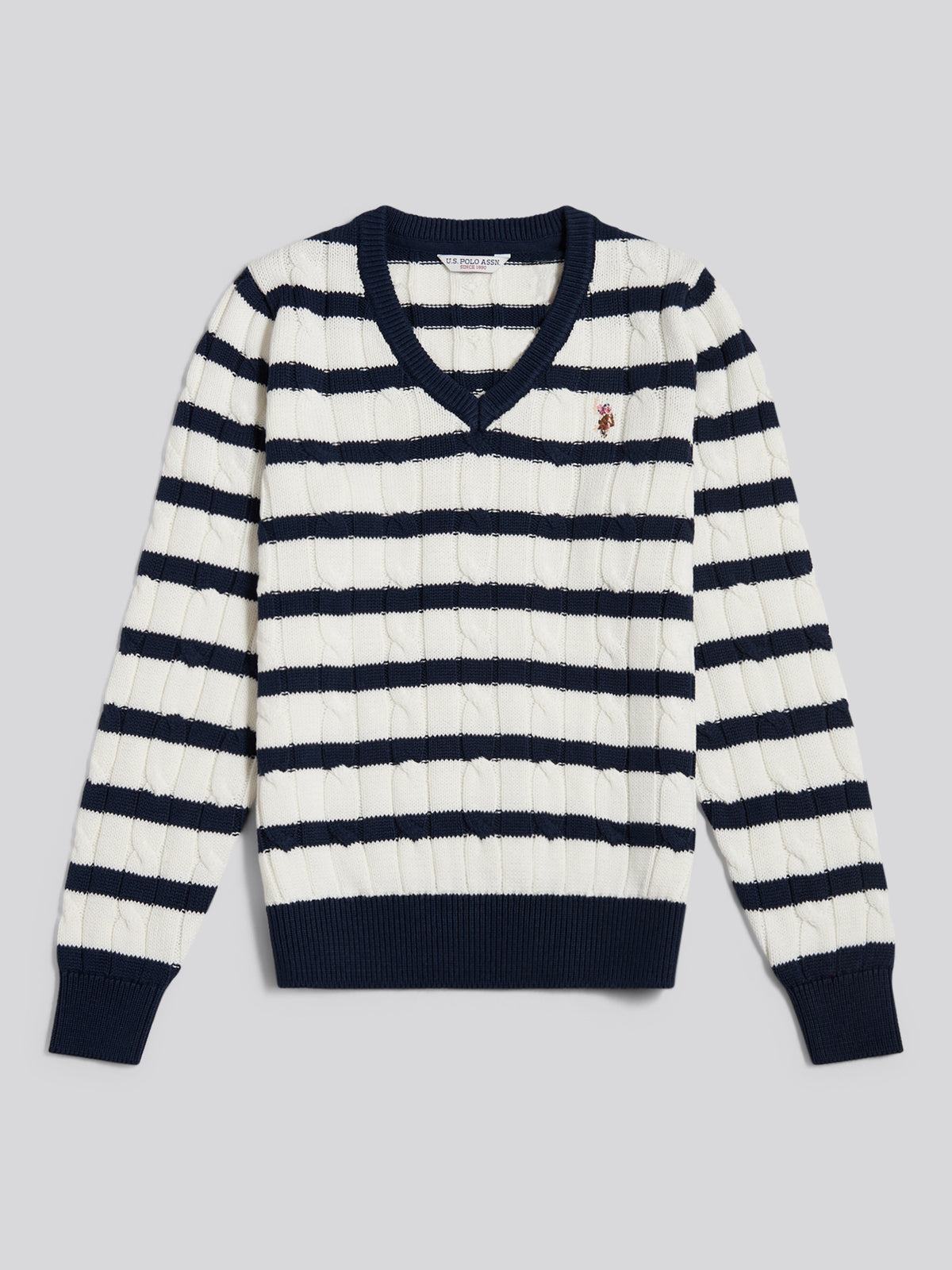 Womens V-Neck Striped Cable Knit Jumper Marshmallow