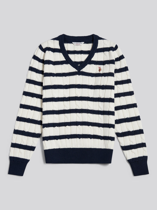 Womens V-Neck Striped Cable Knit Jumper Marshmallow