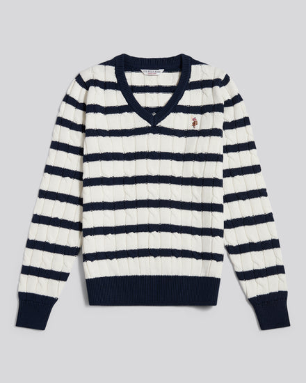 Womens V-Neck Striped Cable Knit Jumper Marshmallow