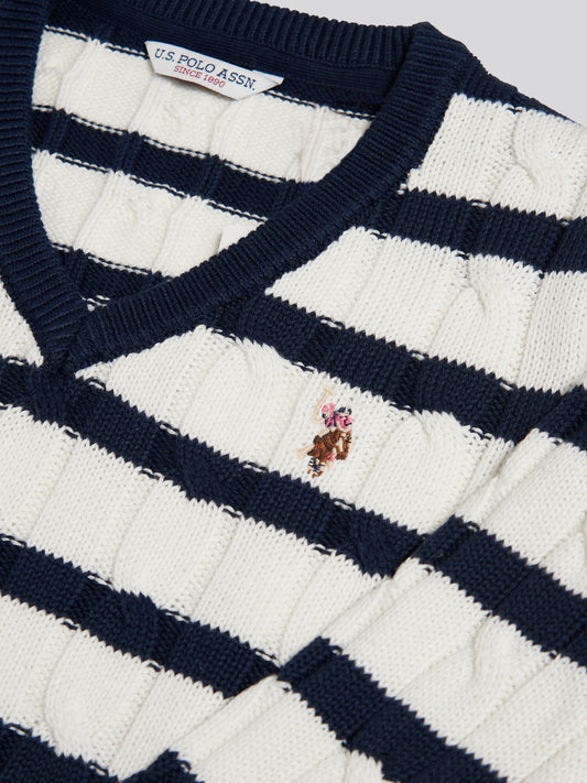 Womens V-Neck Striped Cable Knit Jumper Marshmallow