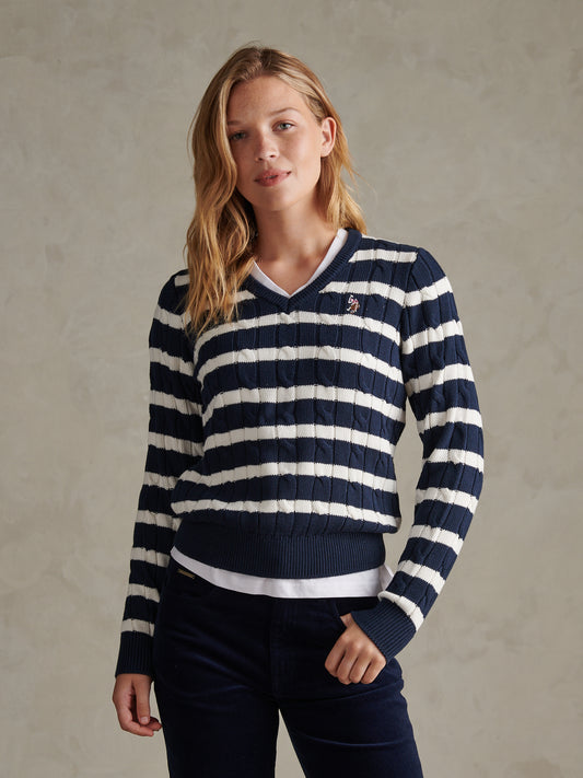 Womens V-Neck Striped Cable Knit Jumper Navy Iris