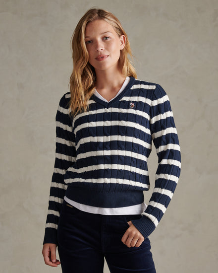 Womens V-Neck Striped Cable Knit Jumper Navy Iris