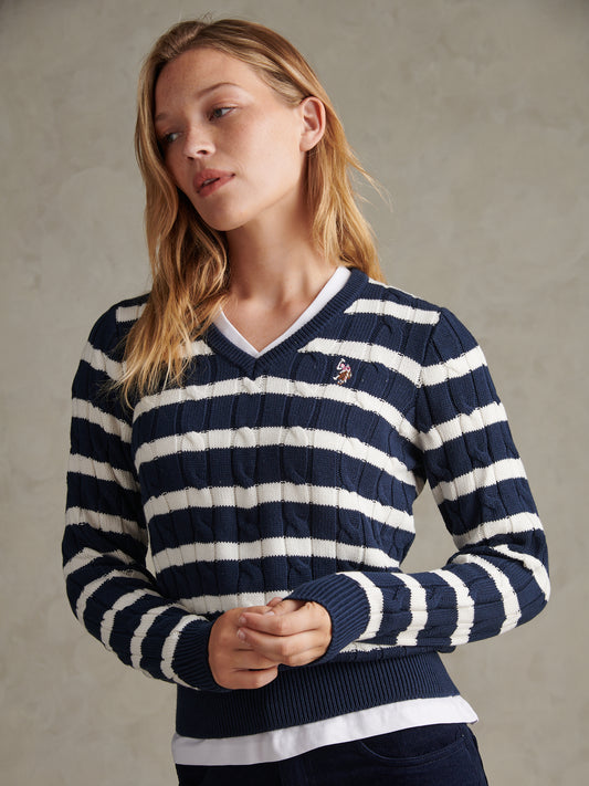 Womens V-Neck Striped Cable Knit Jumper Navy Iris