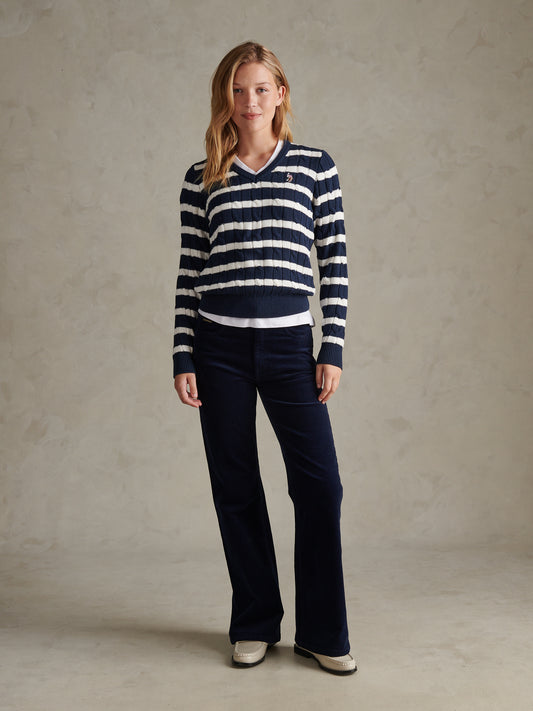 Womens V-Neck Striped Cable Knit Jumper Navy Iris