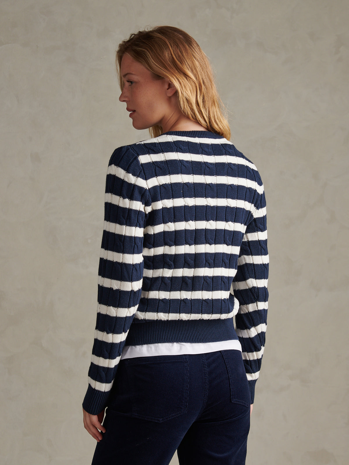 Womens V-Neck Striped Cable Knit Jumper Navy Iris