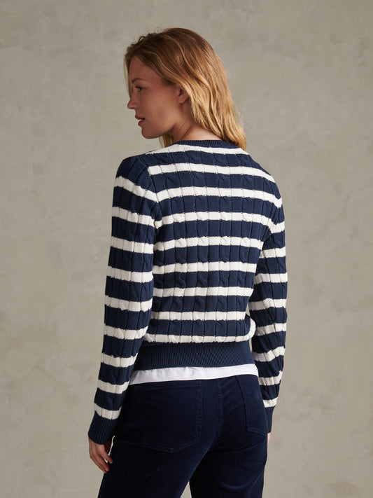 Womens V-Neck Striped Cable Knit Jumper Navy Iris