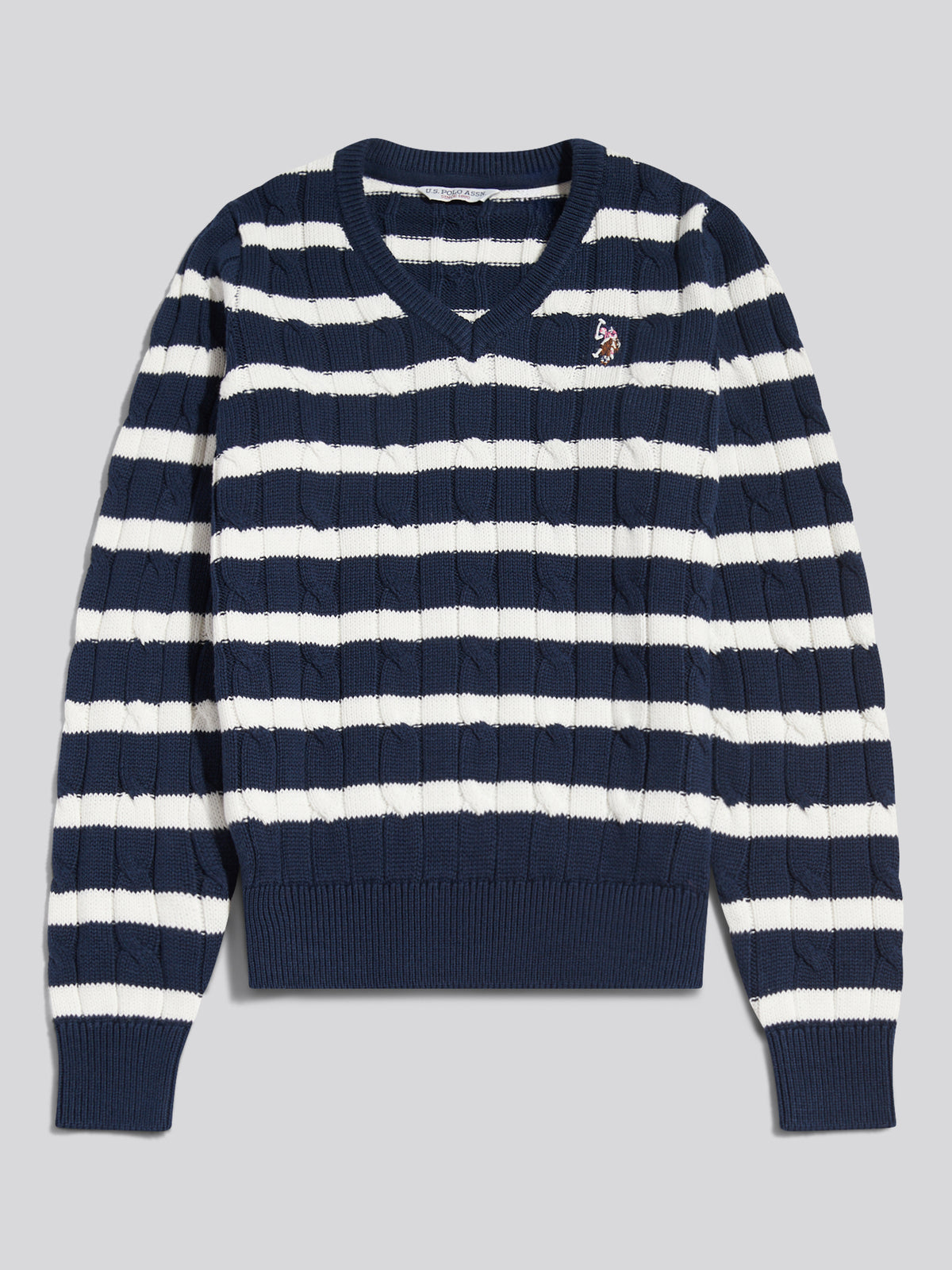 Womens V-Neck Striped Cable Knit Jumper Navy Iris
