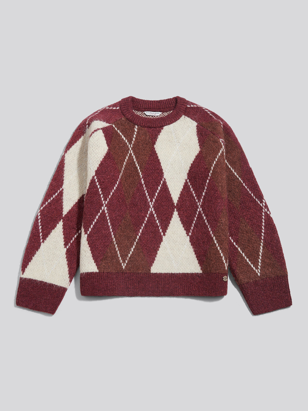 Womens Oversized Argyle Crew Neck Jumper Tibetan Red