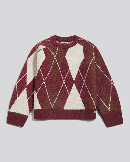 Womens Oversized Argyle Crew Neck Jumper Tibetan Red