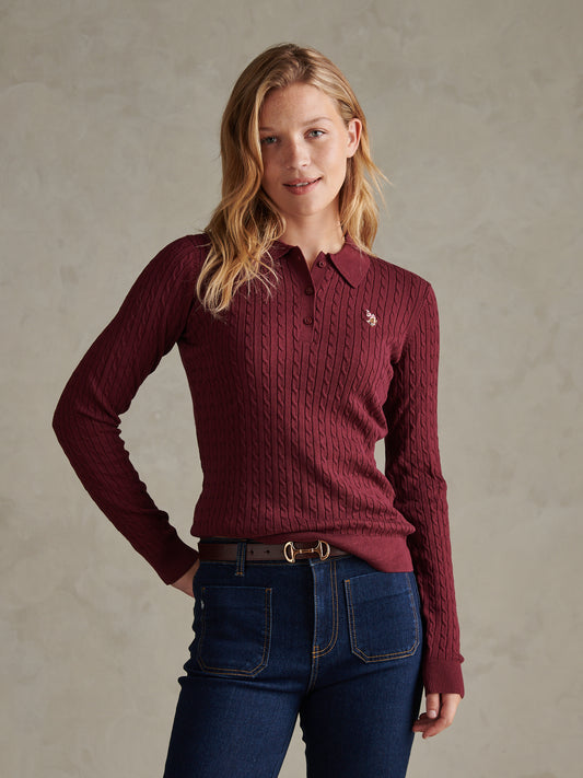 Womens Signature Cable Knit Polo Shirt Burgundy