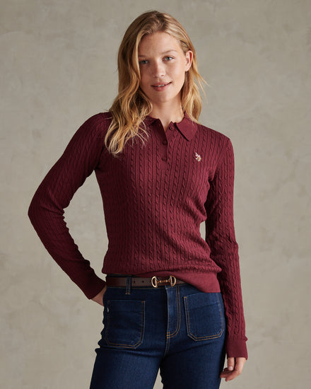 Womens Signature Cable Knit Polo Shirt Burgundy