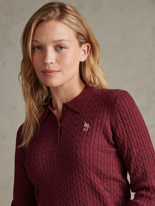 Womens Signature Cable Knit Polo Shirt Burgundy