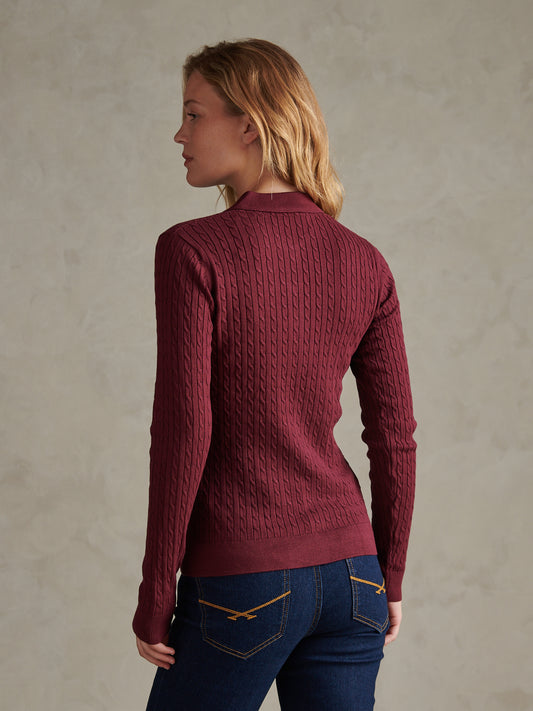 Womens Signature Cable Knit Polo Shirt Burgundy