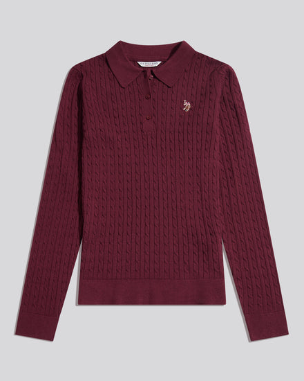 Womens Signature Cable Knit Polo Shirt Burgundy