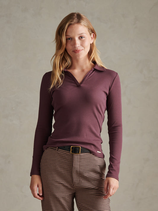 Womens Open Collar Rib Top Huckleberry