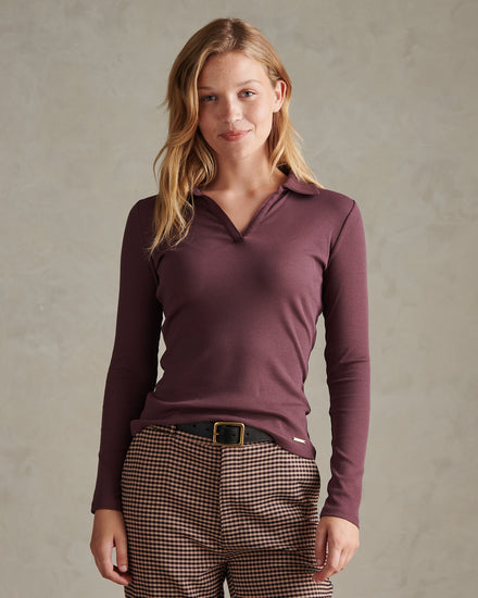 Womens Open Collar Rib Top Huckleberry