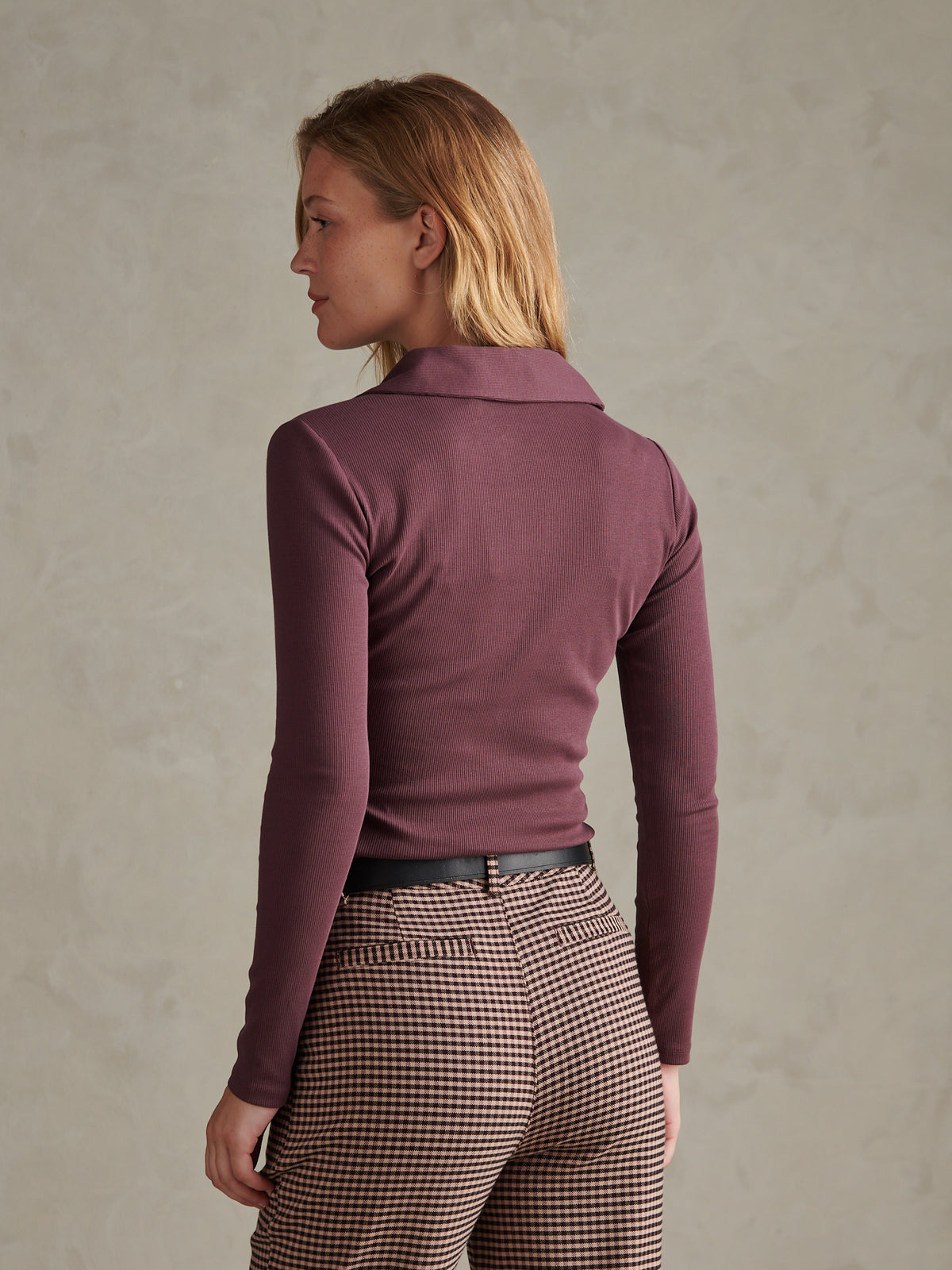 Womens Open Collar Rib Top Huckleberry