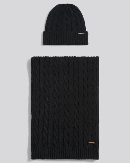 Womens Signature Cable Knit Beanie & Scarf Gift Set Black