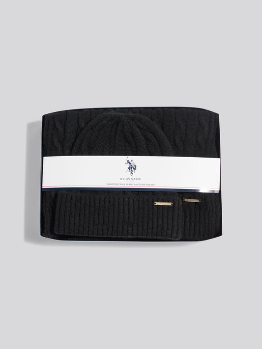 Womens Signature Cable Knit Beanie & Scarf Gift Set Black