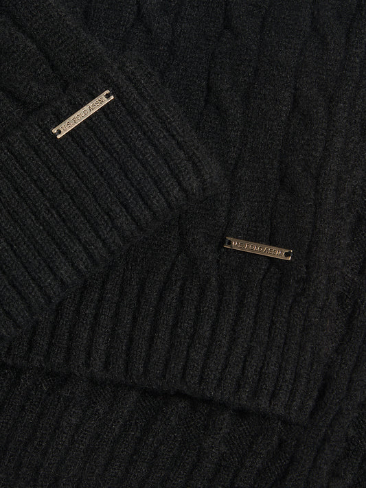 Womens Signature Cable Knit Beanie & Scarf Gift Set Black