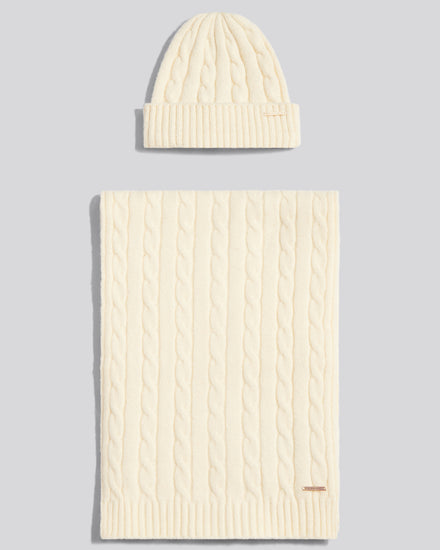 Womens Signature Cable Knit Beanie & Scarf Gift Set Marshmallow