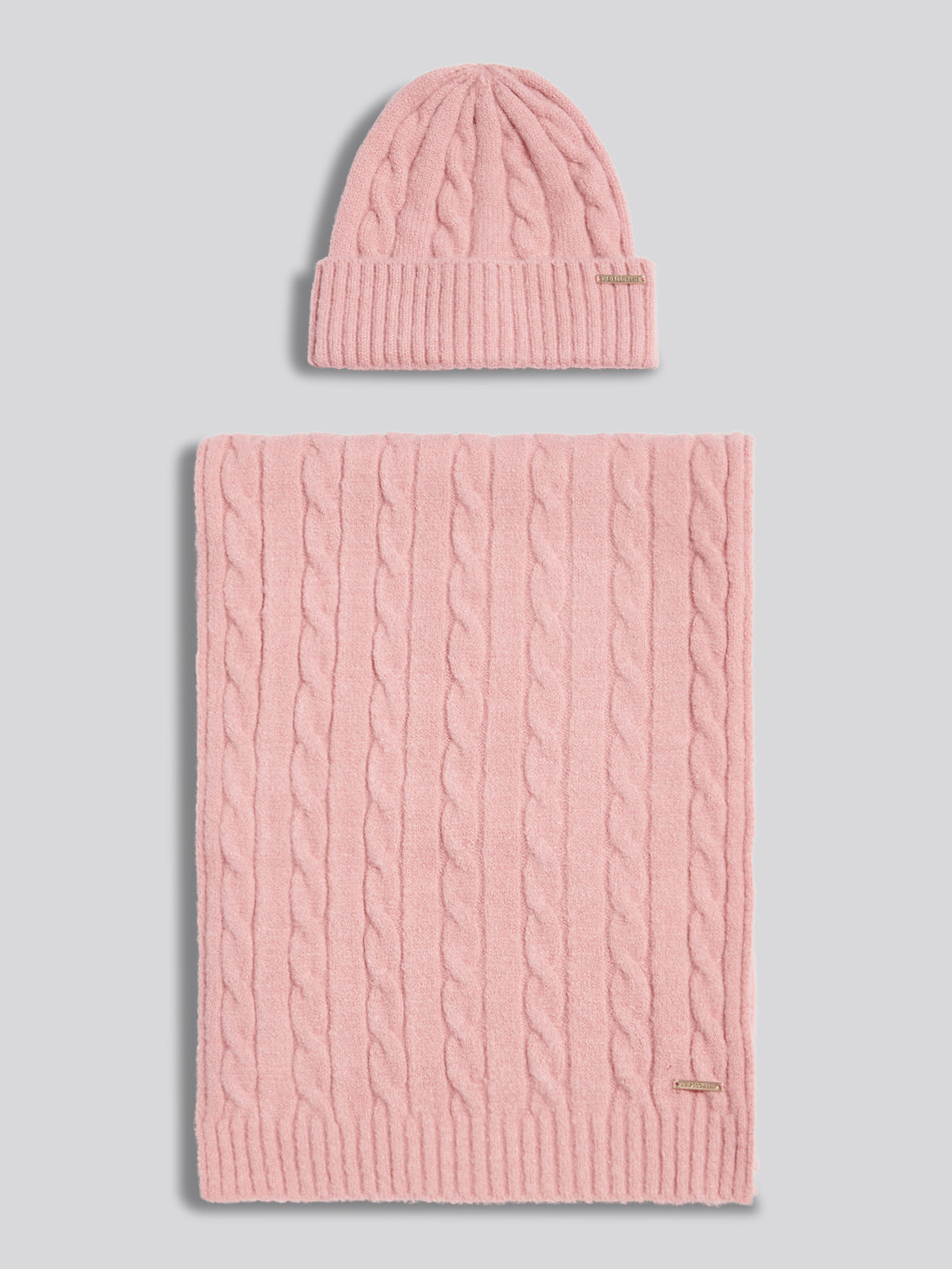 Womens Signature Cable Knit Beanie & Scarf Gift Set Pale Mauve