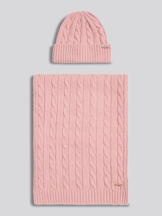 Womens Signature Cable Knit Beanie & Scarf Gift Set Pale Mauve