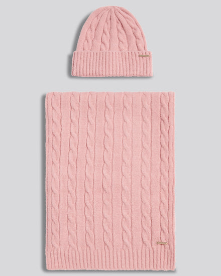 Womens Signature Cable Knit Beanie & Scarf Gift Set Pale Mauve