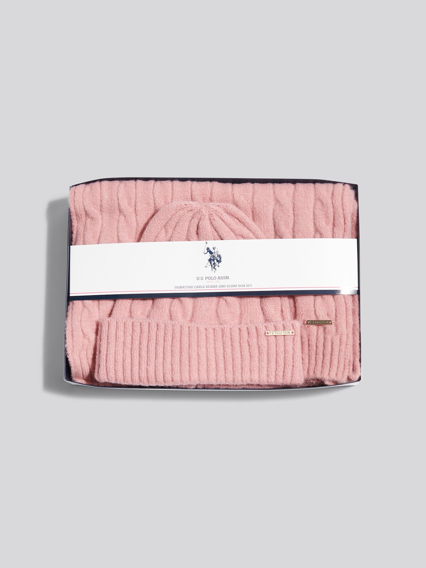 Womens Signature Cable Knit Beanie & Scarf Gift Set Pale Mauve