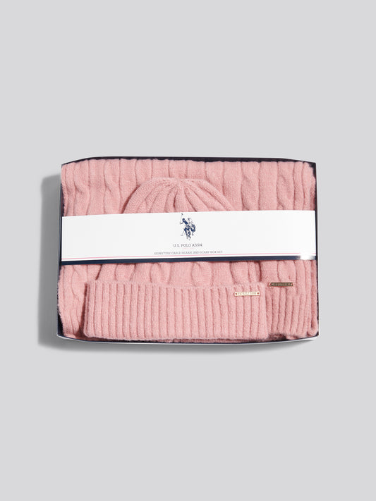 Womens Signature Cable Knit Beanie & Scarf Gift Set Pale Mauve