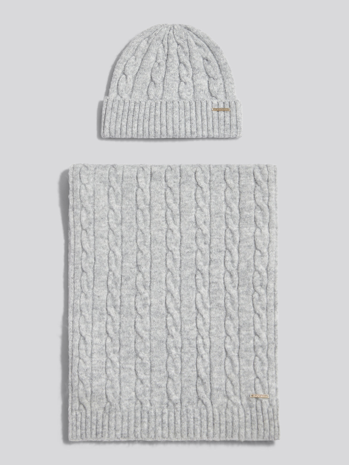 Womens Signature Cable Knit Beanie & Scarf Gift Set Pearl Grey Marl