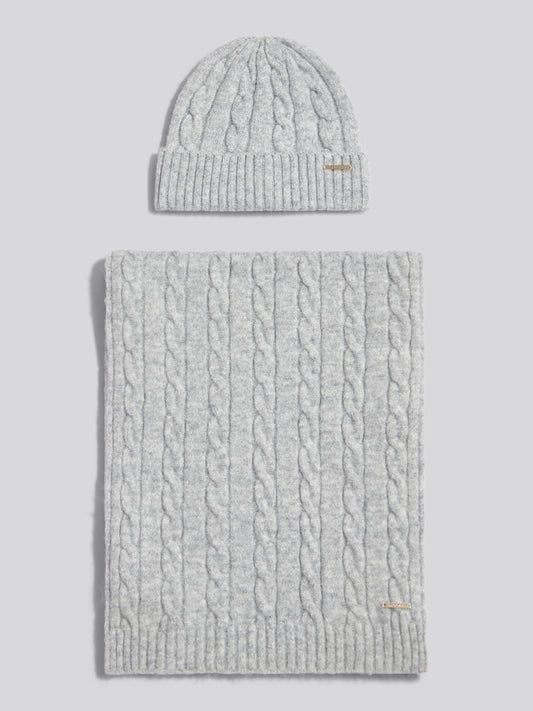 Womens Signature Cable Knit Beanie & Scarf Gift Set Pearl Grey Marl