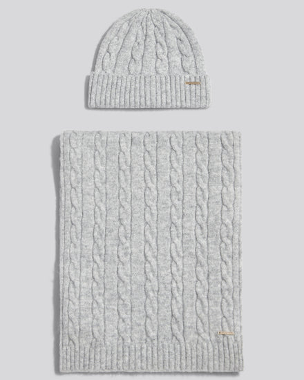 Womens Signature Cable Knit Beanie & Scarf Gift Set Pearl Grey Marl
