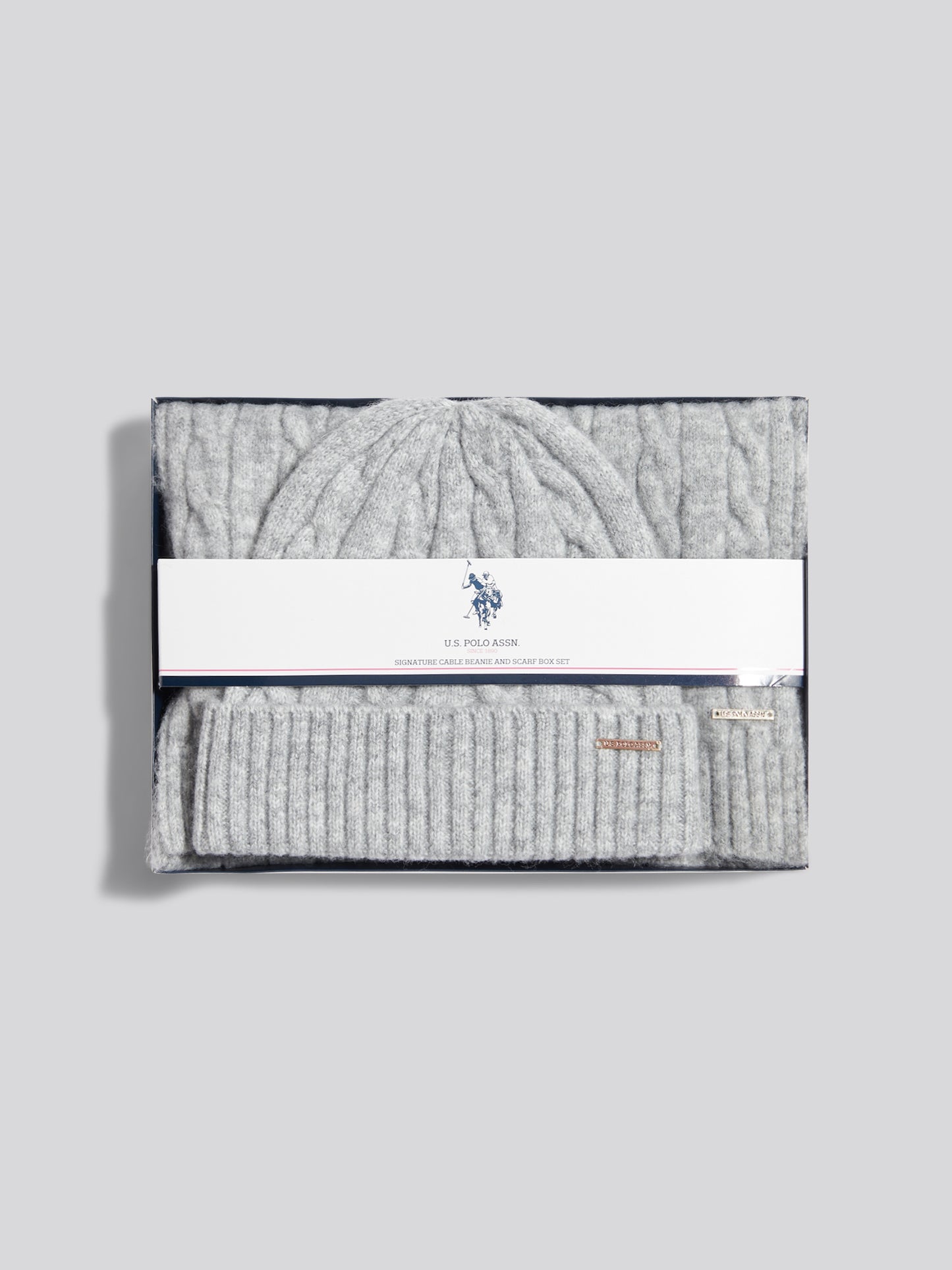 Womens Signature Cable Knit Beanie & Scarf Gift Set Pearl Grey Marl