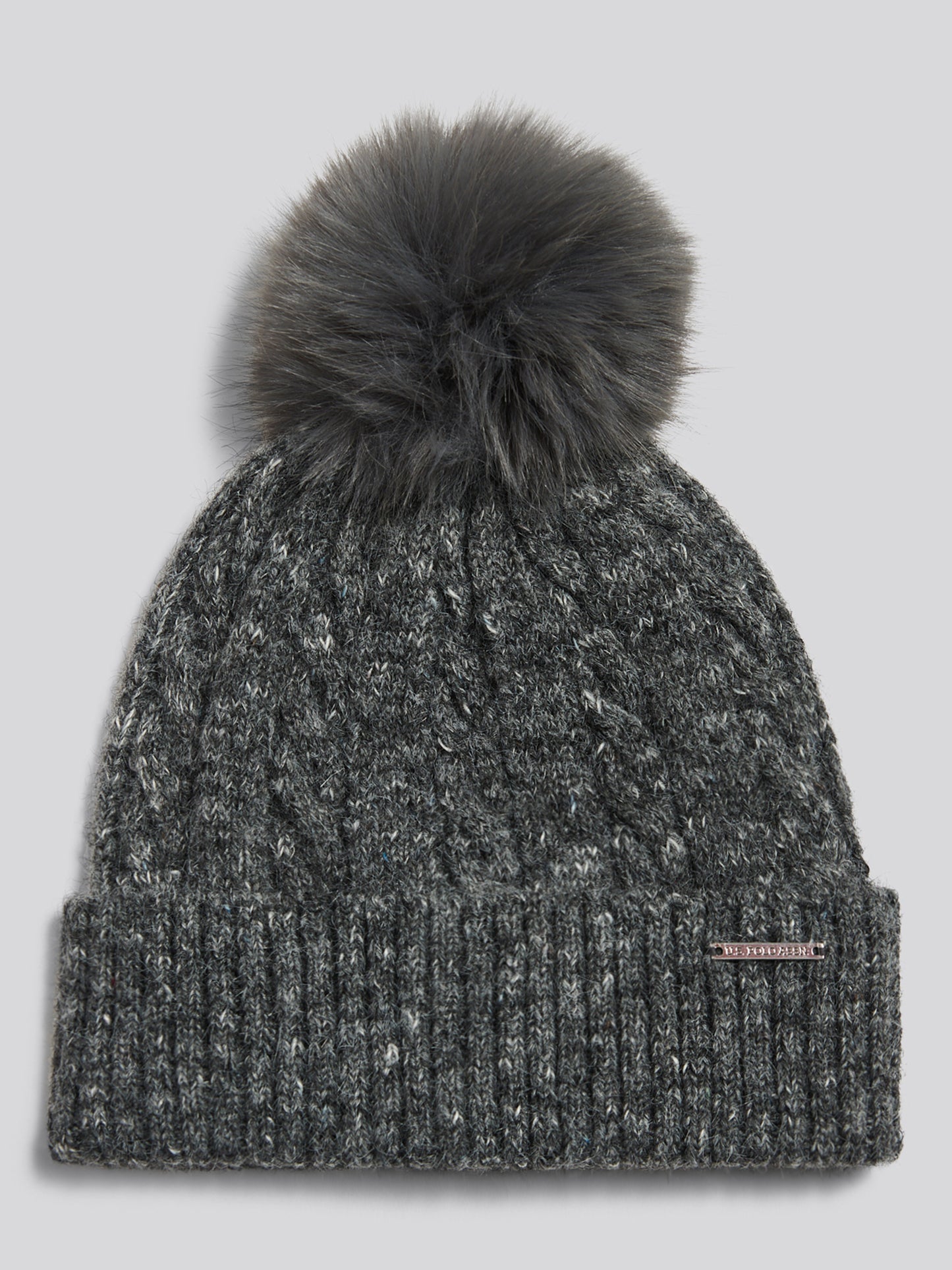 Womens Cable Knit Bobble Beanie Dark Grey Marl