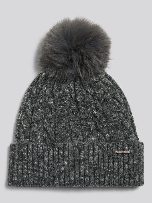 Womens Cable Knit Bobble Beanie Dark Grey Marl