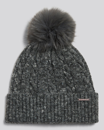 Womens Cable Knit Bobble Beanie Dark Grey Marl