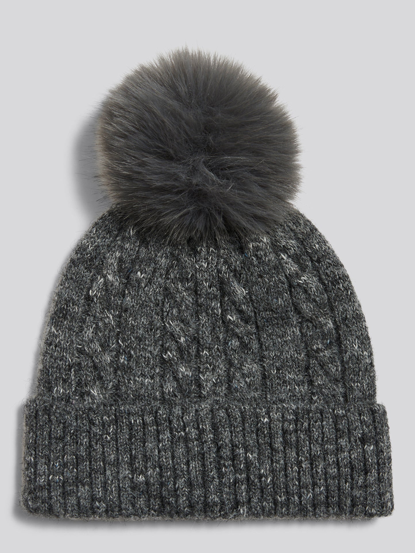 Womens Cable Knit Bobble Beanie Dark Grey Marl