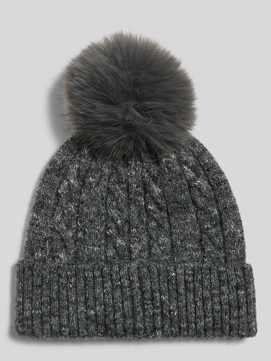 Womens Cable Knit Bobble Beanie Dark Grey Marl