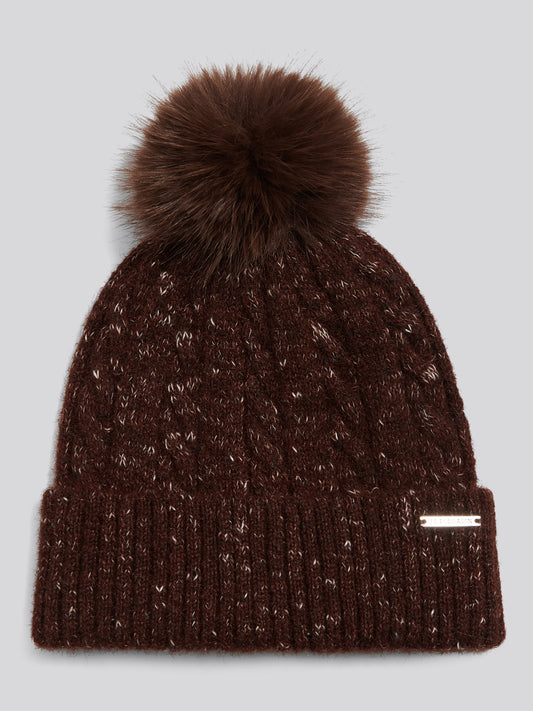 Womens Cable Knit Bobble Beanie Potting Soil