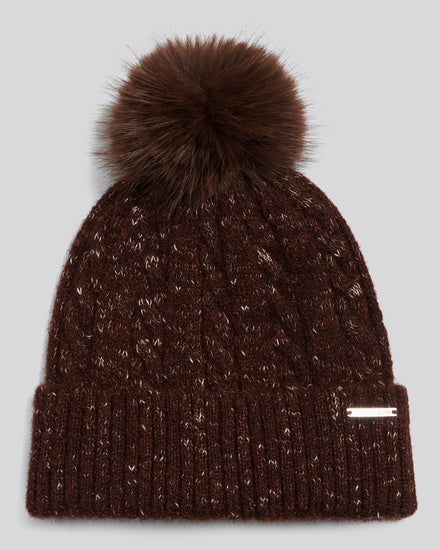 Womens Cable Knit Bobble Beanie Potting Soil