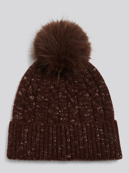 Womens Cable Knit Bobble Beanie Potting Soil