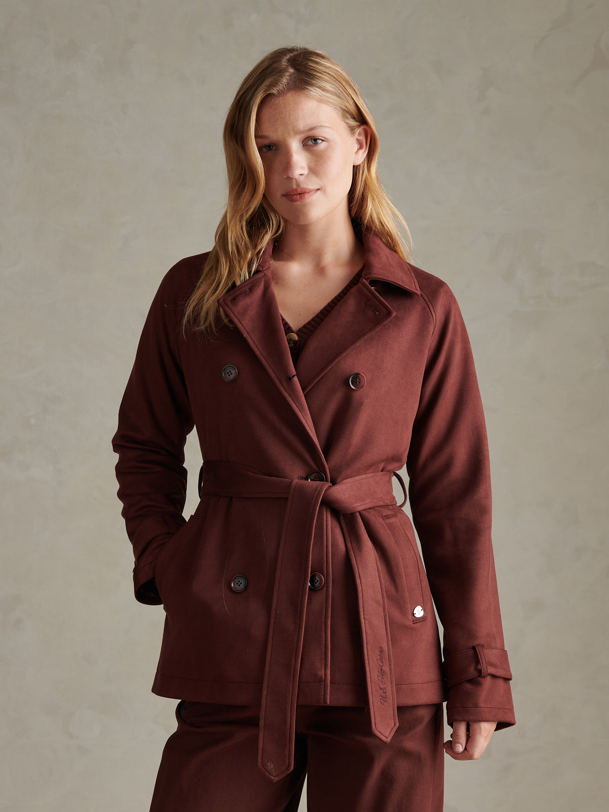 Womens Short Suedette Belted Trench Coat Huckleberry