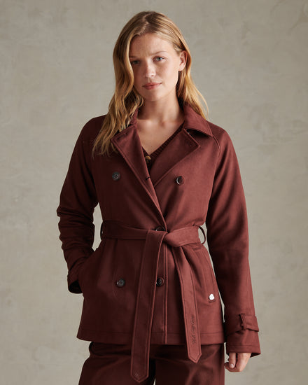 Womens Short Suedette Belted Trench Coat Huckleberry
