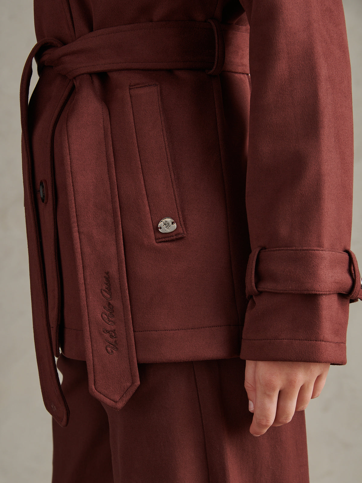 Womens Short Suedette Belted Trench Coat Huckleberry