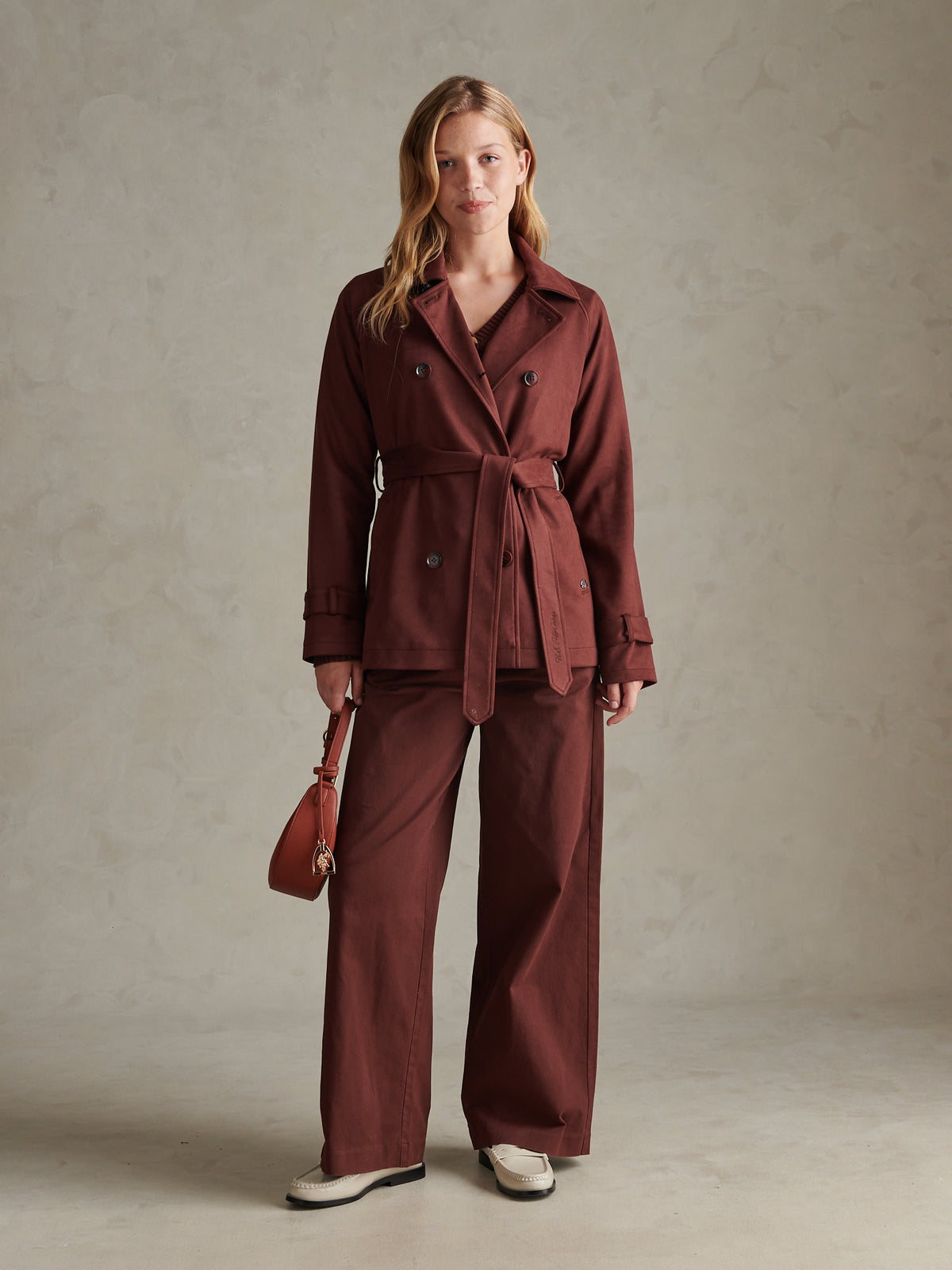 Womens Short Suedette Belted Trench Coat Huckleberry