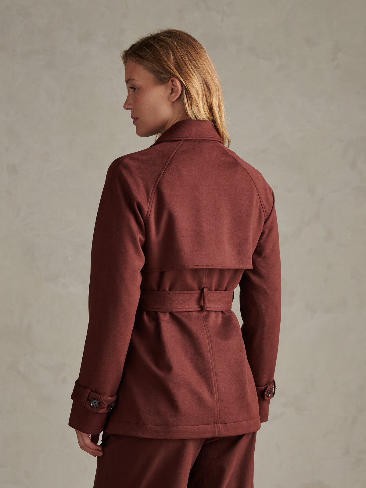Womens Short Suedette Belted Trench Coat Huckleberry